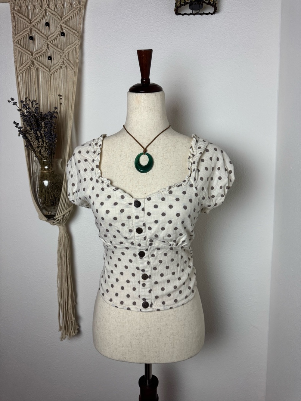 Monteau White Polka Dot Puff Sleeve Button-Front Top